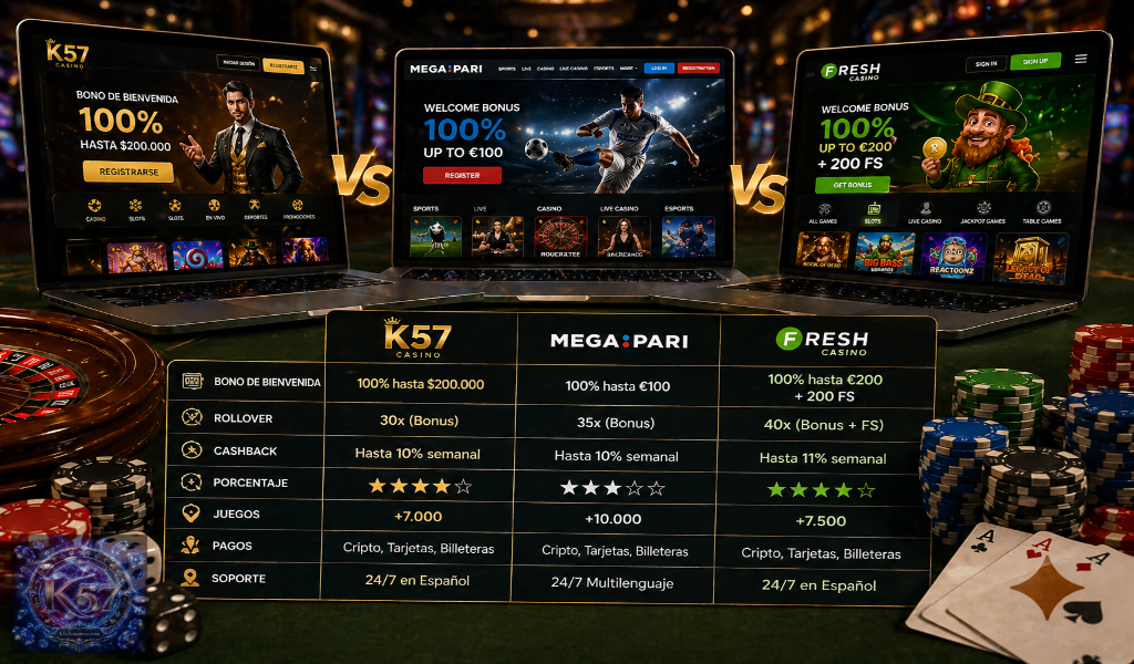 K57 vs MegaPari vs Fresh Casino: comparativa real de rollover y cashback